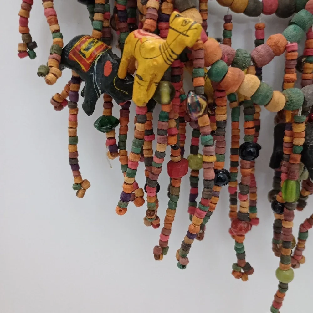 African Trade Bead Necklace Multi Strand Wood Animal Fringe Statement